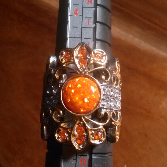 Simulated Opal and Orange and White Crystal Stainless Steel Ring (Size 6) - Picture 3 of 10